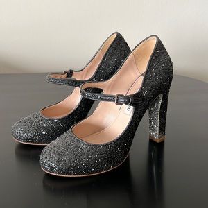 Miu Miu Black Silver Glitter Dorothy Style Mary Jane Heels size 35.5 5.5